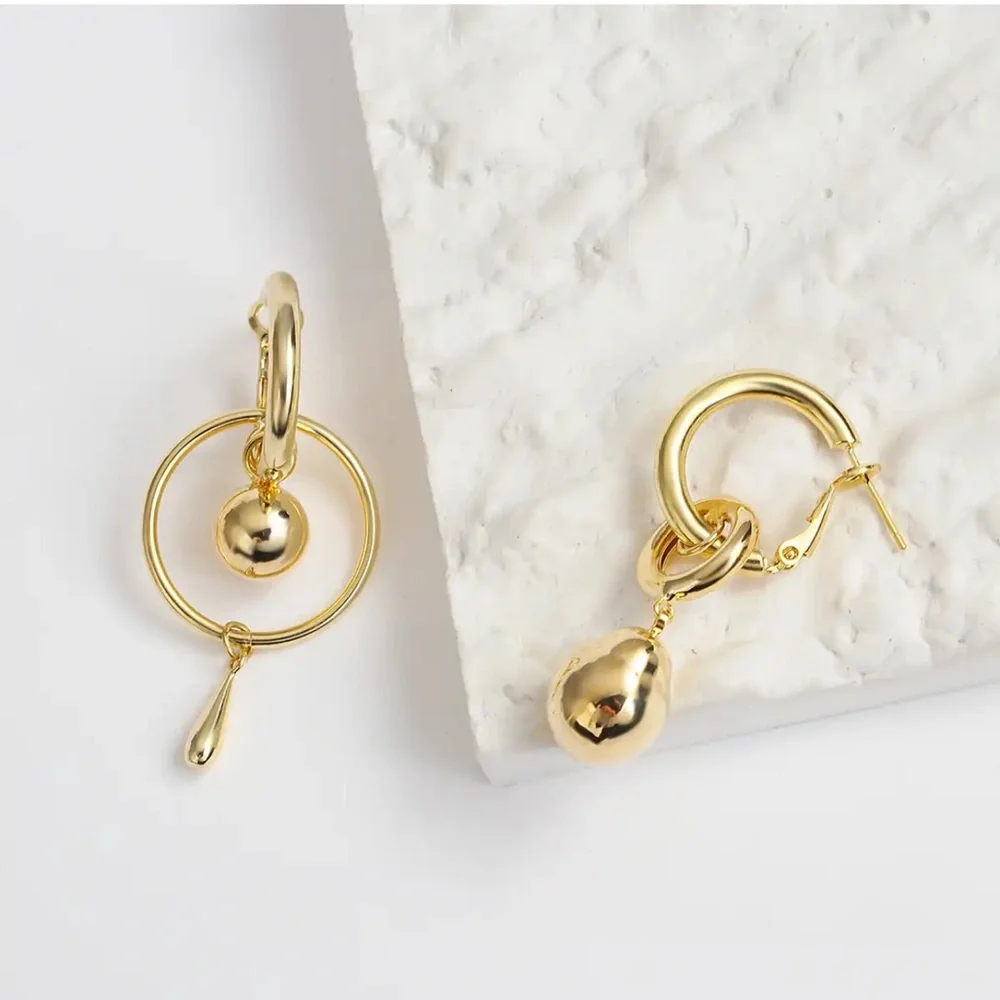 Gold Plated Mismatched Metal Ball Dangle Drop Earrings - Picture 8 of 10